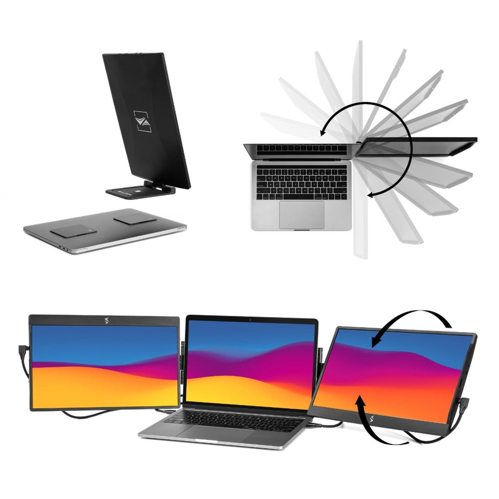 SideTrak Laptop Monitor 12.5in 2-PACK Triple Swivel Portable Monitor Rotate 360 Deg Attach to Laptop Kickstand HDMI & USB-C Cables PC/MAC/Chrome - Black