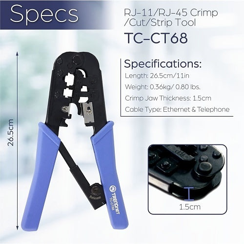 TRENDnet TC-CT68 Crimp Tool, RJ-11/RJ-45 Cut Strip Crimp