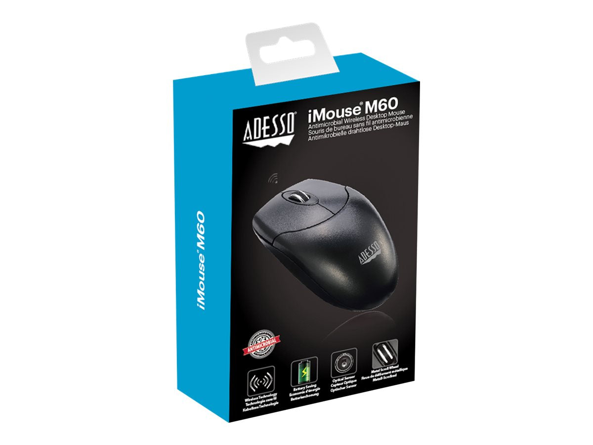 Adesso Mouse Wireless Antimicrobial M60 3 Buttons optical scroll up to 1200dpi PC/Mac - Black