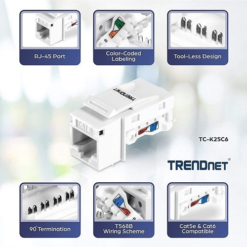 TRENDnet TC-K25C6 CAT6 Keystone Jack, 25-Pack