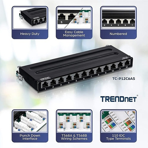 TRENDnet TC-P12C6AS 12-Port Cat6A Shielded Wall Mount Patch Panel