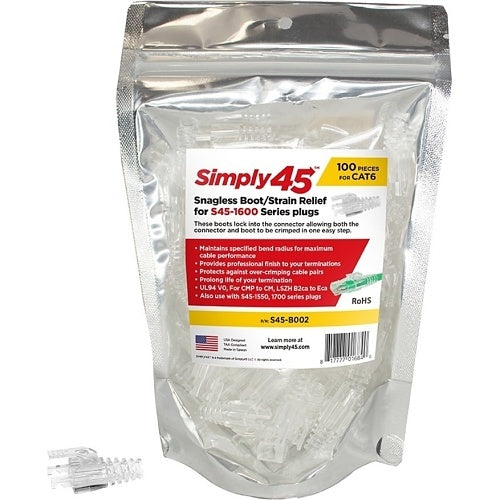 Simply45 S45-B002 CAT6/CAT6a Unshielded Standard RJ45, Pass Through, Integrated Strain Relief, 100-Pack