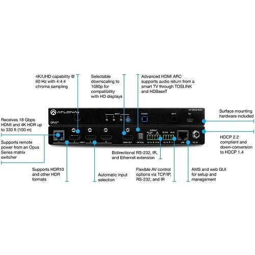 Atlona AT-OPUS-RX41 4-Input 4K HDR Switcher with HDMI and HDBaseT Inputs
