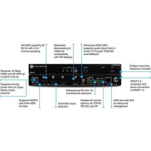 Atlona AT-OPUS-RX41 4-Input 4K HDR Switcher with HDMI and HDBaseT Inputs