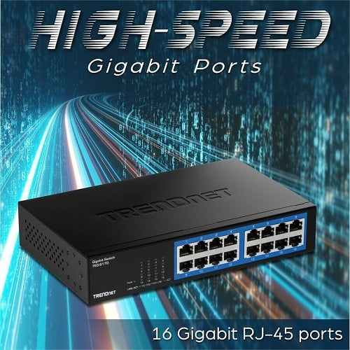 TRENDnet TEG-S17D 16-Port Gigabit Desktop Switch with Built-In Power Supply, 32Gbps