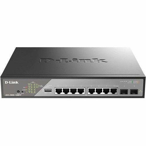 D-Link DSS-200G-10MPP 8-Port Gigabit PoE++ Smart Switch with 2-Port SFP, 242W PoE Budget, 802.3bt, 90W Max per PoE Port