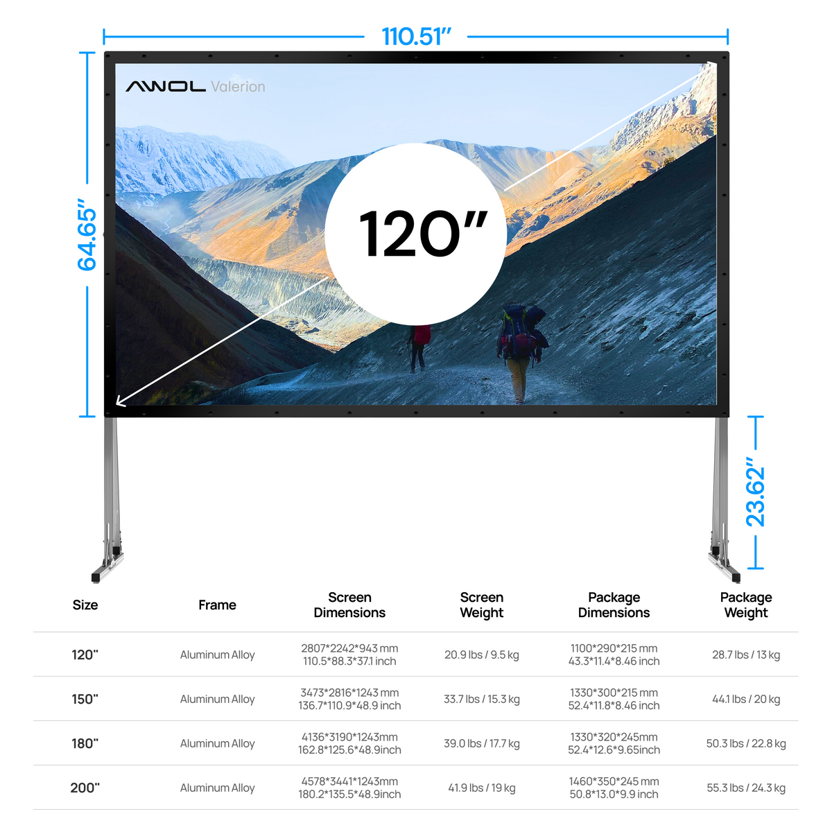 Valerion - 120 Outdoor Camping Portable Folding Matte White Screen