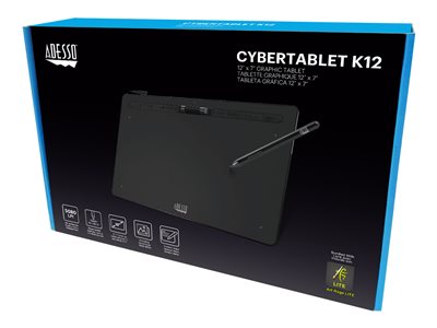 Adesso Graphic Tablet CyberTablet K12 12in x 7in Stylus with Artrage Lite Software 8192 Pressure Sensitivity Levels PC/Mac - Black