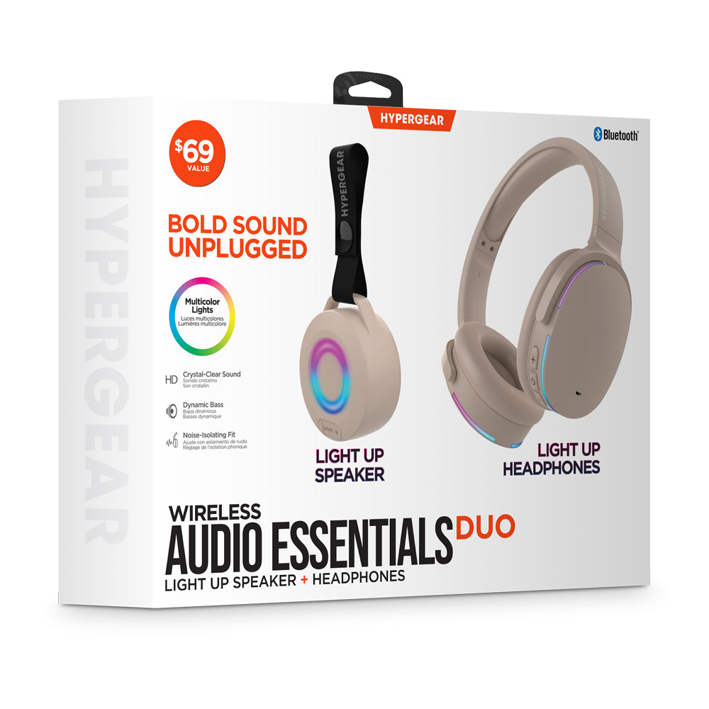 HyperGear Audio Essentials Duo - Bone - 2 Pack Gift Set Bluetooth Headphone & Speaker 5W - HD Sound Vibrant LED Lights Speaker w Carry Strap Foldable & Portable Headphones