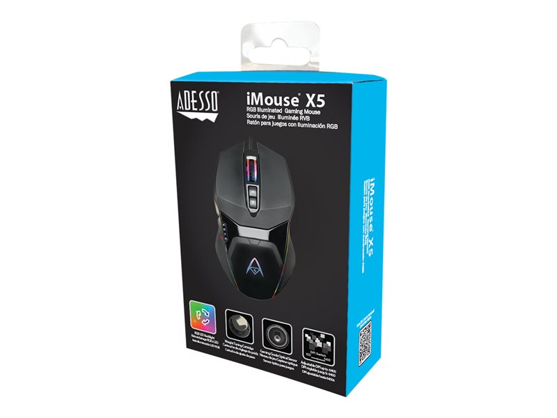 Adesso Gaming Mouse Wired X5 6 Button Illuminated Multi-Coloured lights up to 6400dpi Ambodextrous PC/Mac - Black