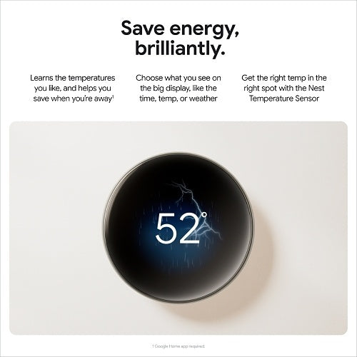 Google Nest Learning Thermostat (4th Gen) with Nest Temperature Sensor, Polished Obsidian (GA05560-US)