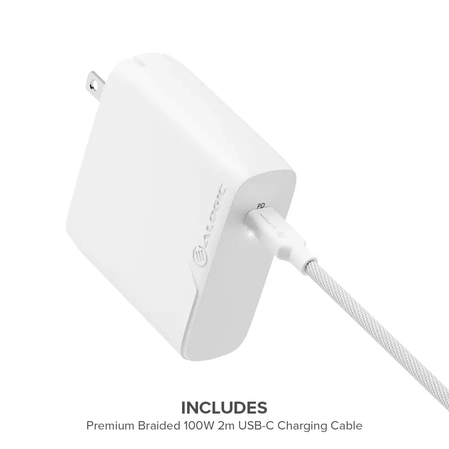 Alogic Wall Charger 1 Port 100W GaN PD USB-C with 6ft USB-C to USB-C Cable Foldable Prongs Rapid Power - White