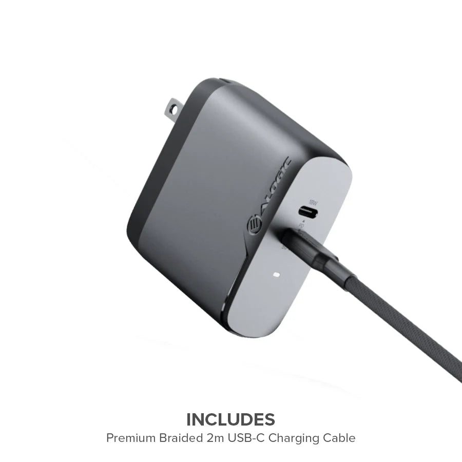 Alogic Wall Charger 2 Port 68W GaN PD 2x USB-C (50-60W + 18W)& 6ft USB-C to USB-C 100W Cable - Grey
