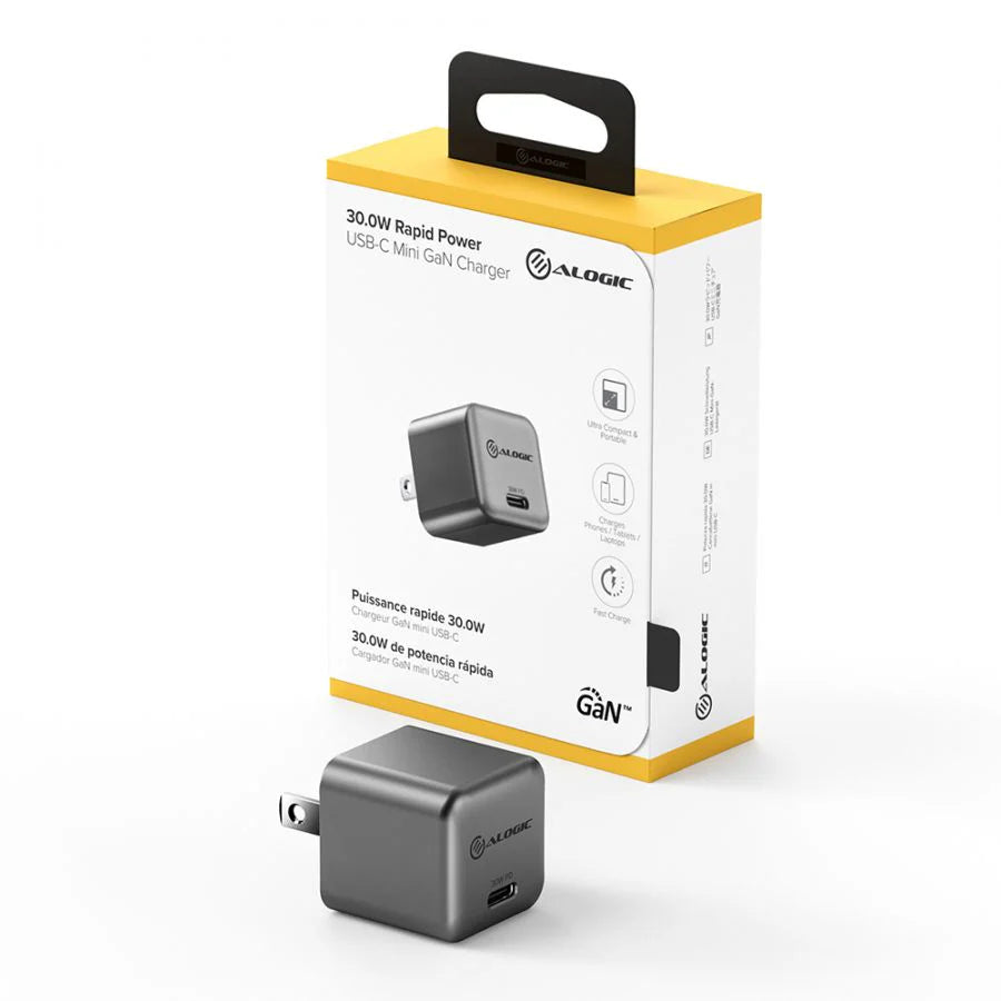 Alogic Wall Charger 1 Port 30W GaN PD USB-C Mini Compact Size Rapid Power - Grey