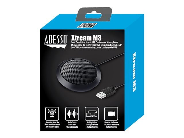 Adesso Microphone Conference Round Desktop USB 6.5ft Cable 360 Degree Omni Directional Mic High Quality Audio - Black