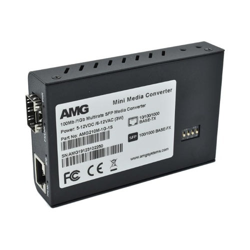 AMG Systems AMG210M-1G-1SS1A 210M Series Mini Ethernet Media Converter, 1-Port 10/100/1000BaseT(x) RJ45, 1-Port 1000BaseFx Singlemode, 1-Fiber, 1310nm, LC Connector, 20Km