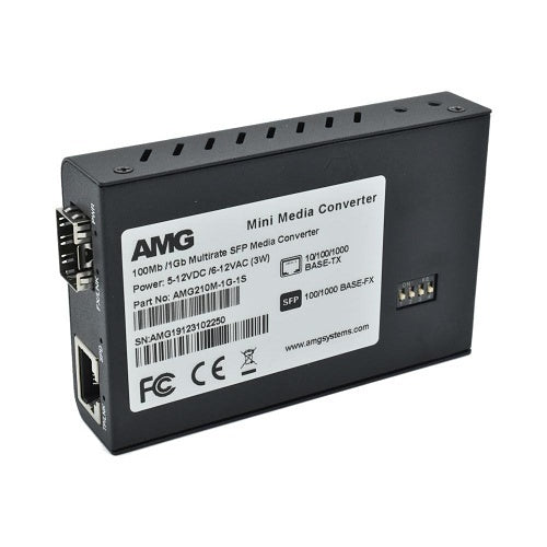AMG Systems AMG210M-1G-1S 210M Series Mini Ethernet Media Converter, 1-Port 10/100/1000BaseT(x) RJ45, 1-Port 100/1000BaseFx SFP, SFP Purchased Separately