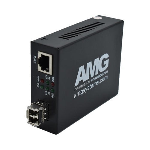 AMG Systems AMG210M-1GAT-1SM2-P30 210M PoE Series Mini Ethernet Media Converter, 1-Port 10/100/1000BaseT(x) RJ45 with 30W PoE+, 1-Port 1000BaseFx Multimode, 2-Fiber, 850nm, LC Connector, 550m