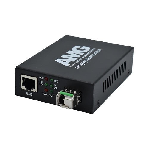 AMG Systems AMG210M-1GAT-1SS1B-P30 210M PoE Series Mini Ethernet Media Converter, 1-Port 10/100/1000BaseT(x) RJ45 with 30W PoE+, 1-Port 1000BaseFx Singlemode, 1-Fiber, 1550nm, LC Connector, 20Km