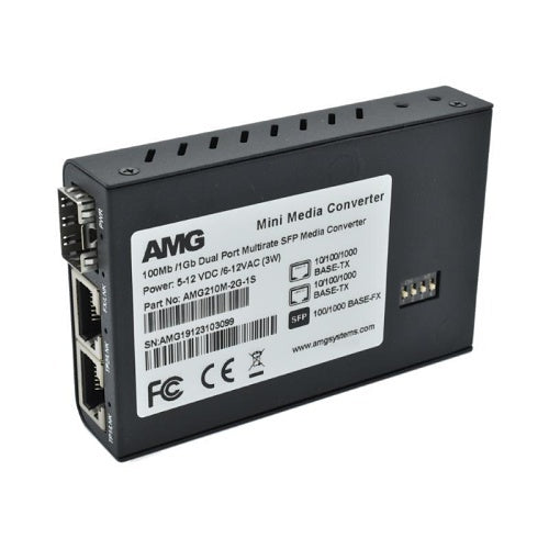 AMG Systems AMG210M-2G-1SS1A 2+1 Commercial Media Converter, 2-Port 10/100/1000Base-T(x) RJ45, 1-Port 1000Base-Fx, Singlemode, 1-Fiber, 1310nm, A-Side, LC Connector