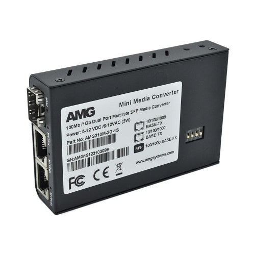 AMG Systems AMG210M-2G-1SS2 2+1 Commercial Media Converter, 2-Port 10/100/1000Base-T(x) RJ45, 1-Port 1000Base-Fx, Singlemode, 2-Fiber, 1310nm, LC Connectors
