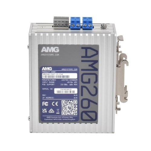 AMG Systems AMG260-2GAT-2S-P60 AMG260 Series Dual Channel 2+2 Port Industrial PoE Media Converter, DIP-Switch Functions, 2 x 48-56VDC Power Inputs, Fault Relay