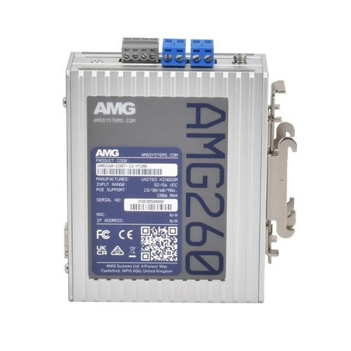 AMG Systems AMG260-2GBT-1S-P180 AMG260 Series 2+1 Port Industrial PoE Media Converter, DIP-Switch Functions, 2 x 52-56VDC Power Inputs, Fault Relay