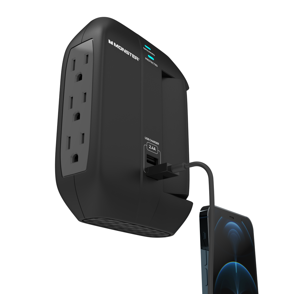 Monster - Wall Surge Protector, 6 AC, 2 USB-A, Swivel, BLK