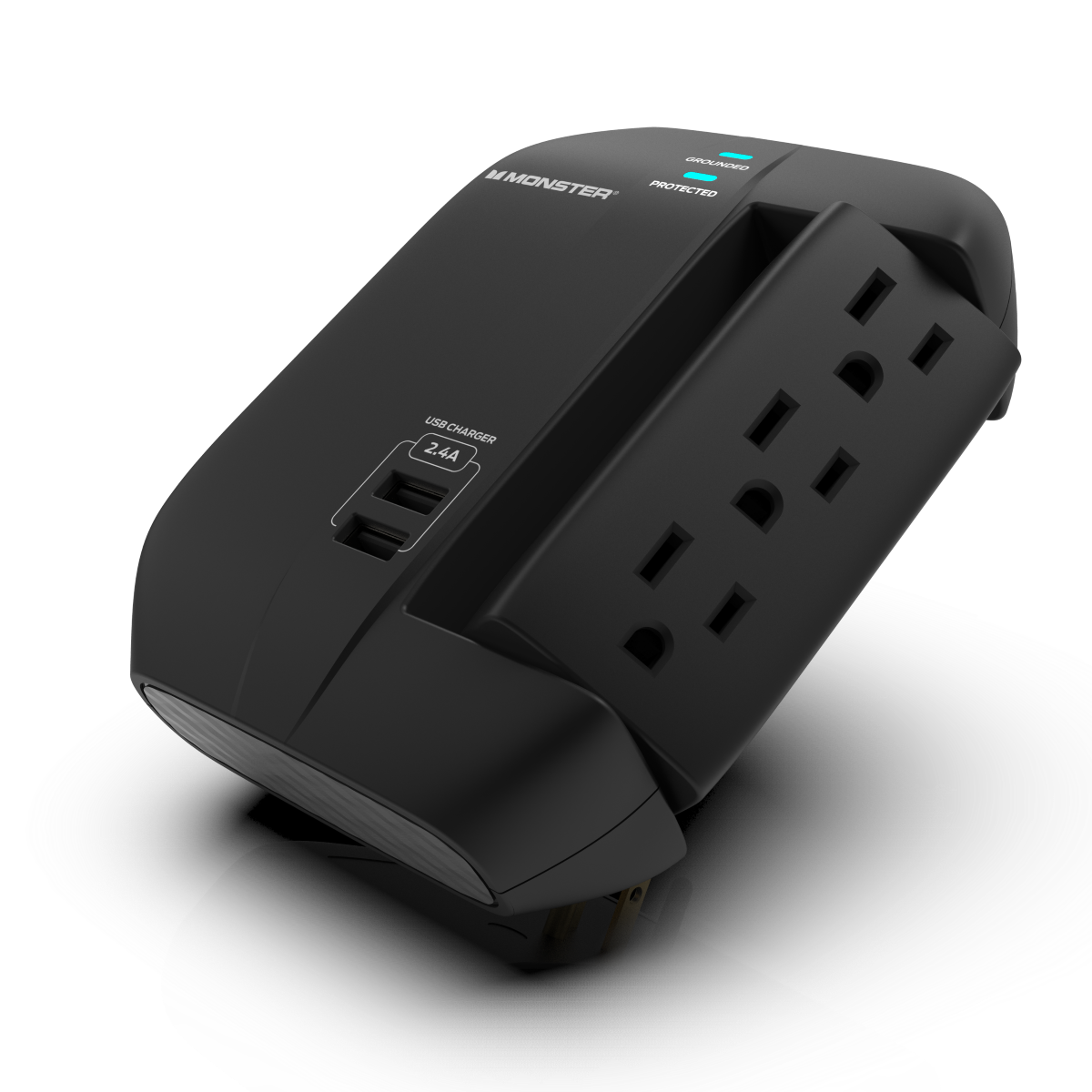 Monster - Wall Surge Protector, 6 AC, 2 USB-A, Swivel, BLK