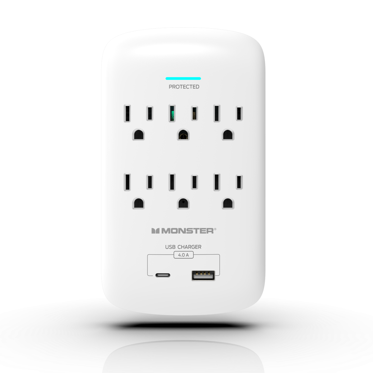 Monster - Wall Surge Protector, 6 AC, 1 USB-C, 1 USB-A, WHT