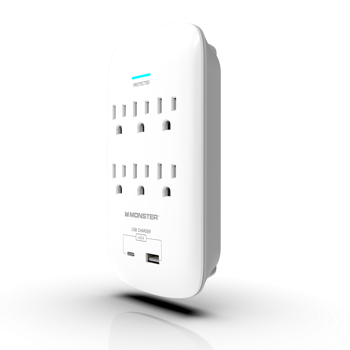 Monster - Wall Surge Protector, 6 AC, 1 USB-C, 1 USB-A, WHT