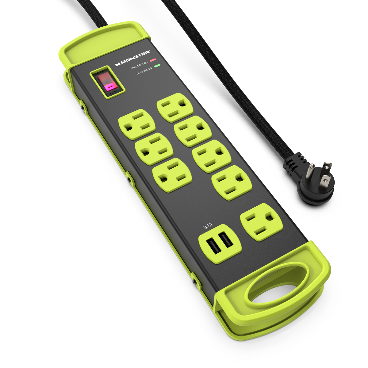 Monster - Power Strip Surge Protector, 8 AC, 2 USB-A, BLK-YL