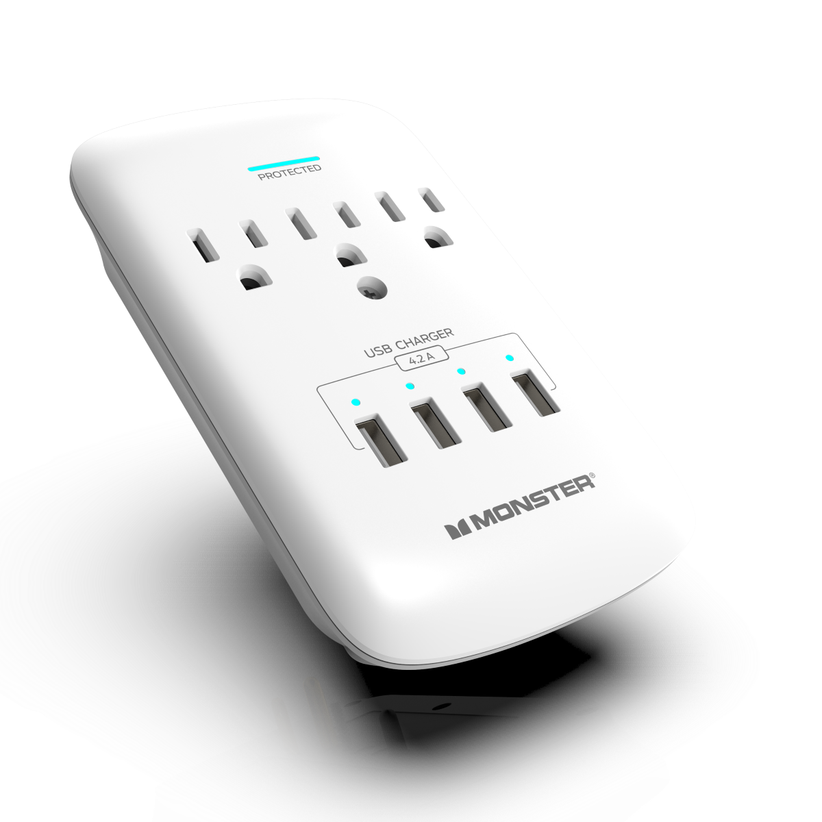 Monster - Wall Surge Protector, 3 AC, 4 USB-A, WHT