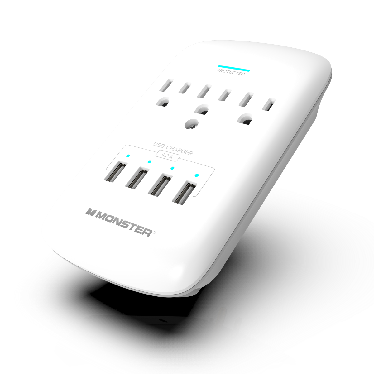 Monster - Wall Surge Protector, 3 AC, 4 USB-A, WHT