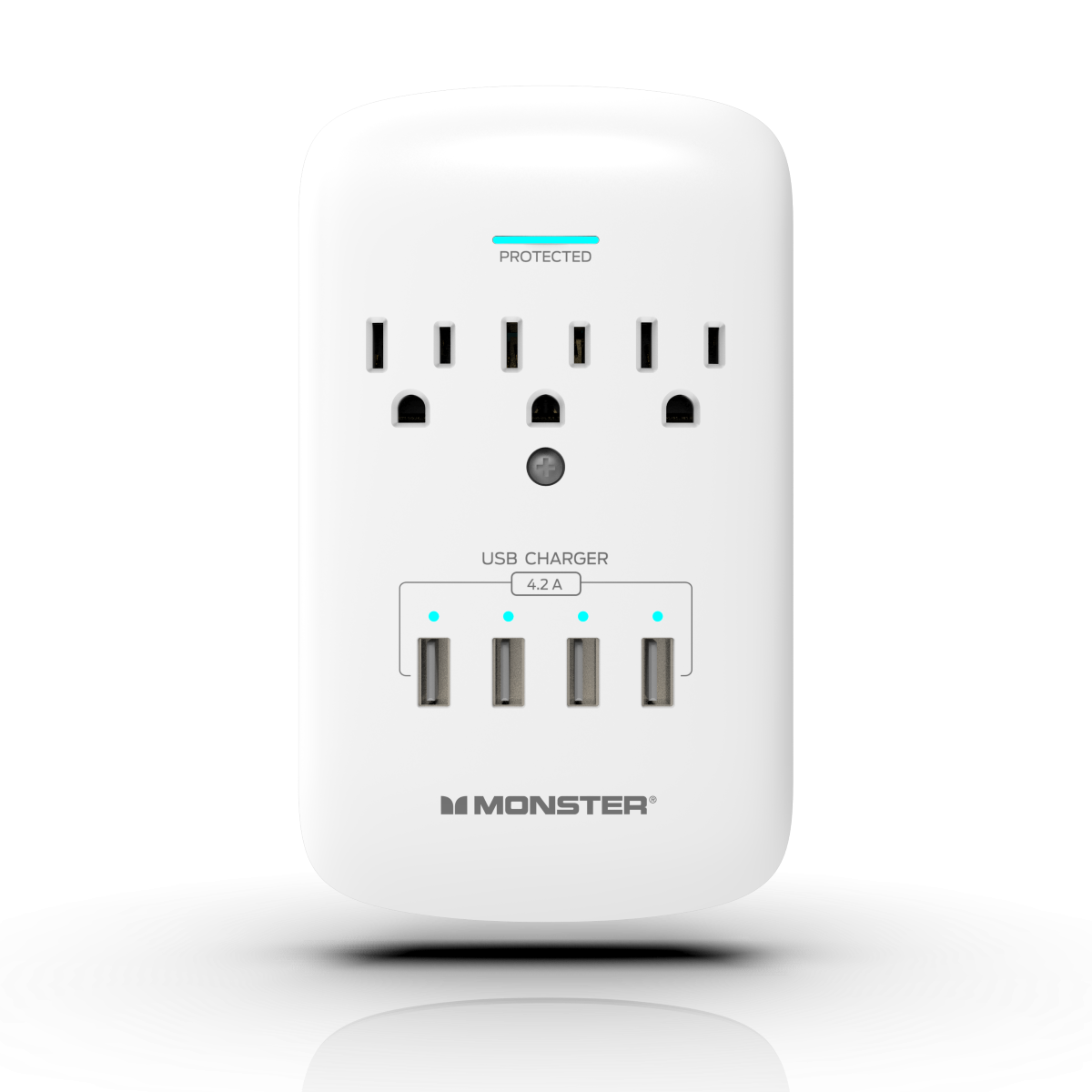 Monster - Wall Surge Protector, 3 AC, 4 USB-A, WHT