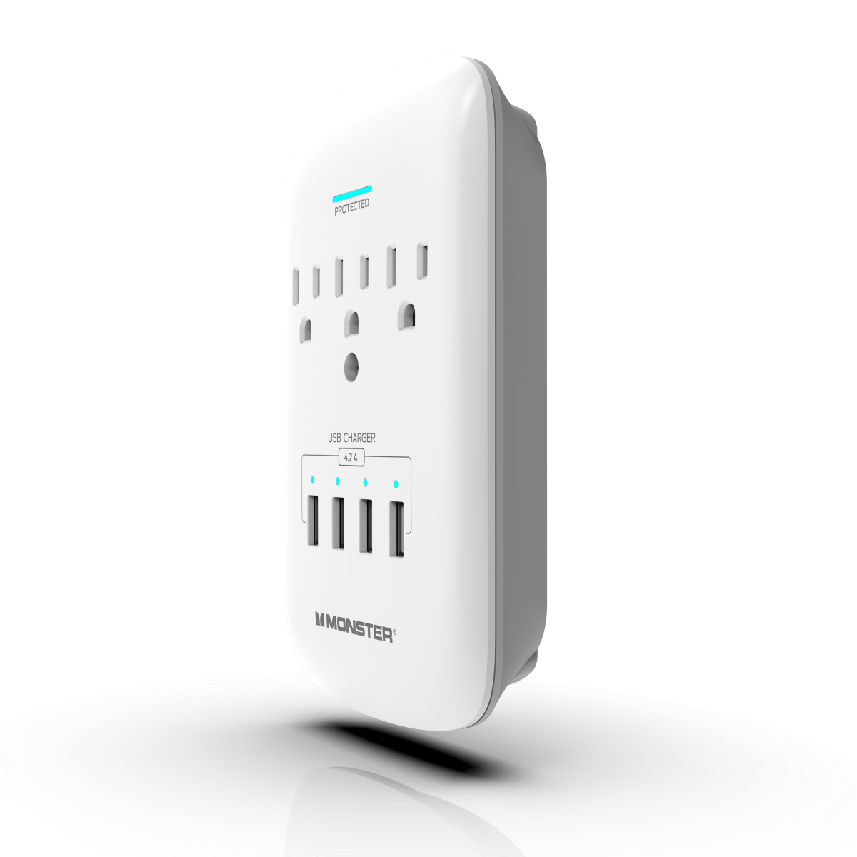 Monster - Wall Surge Protector, 3 AC, 4 USB-A, WHT