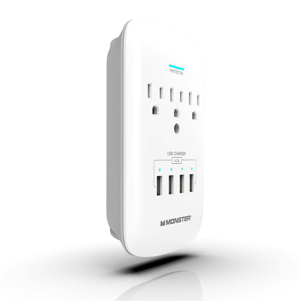 Monster - Wall Surge Protector, 3 AC, 4 USB-A, WHT