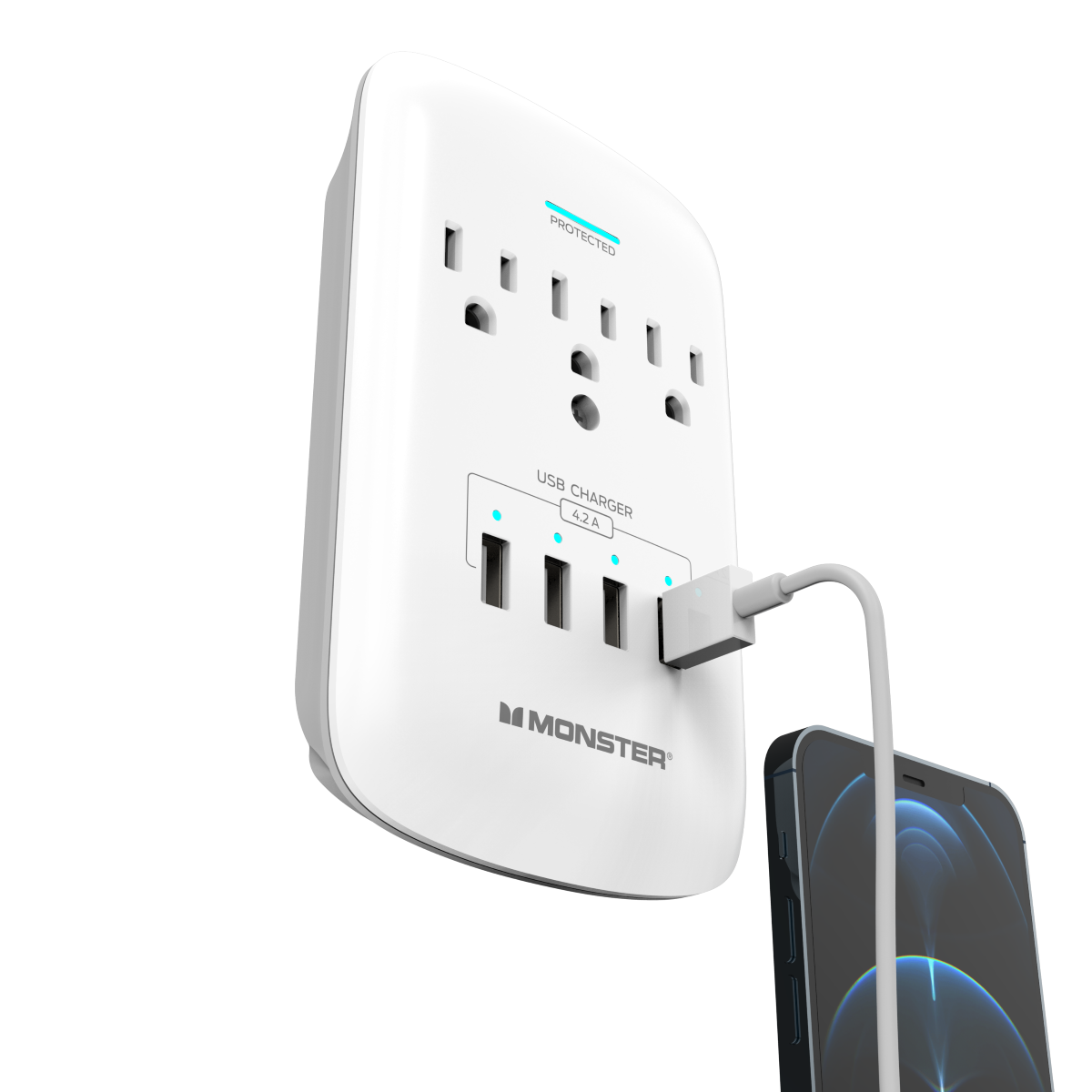 Monster - Wall Surge Protector, 3 AC, 4 USB-A, WHT