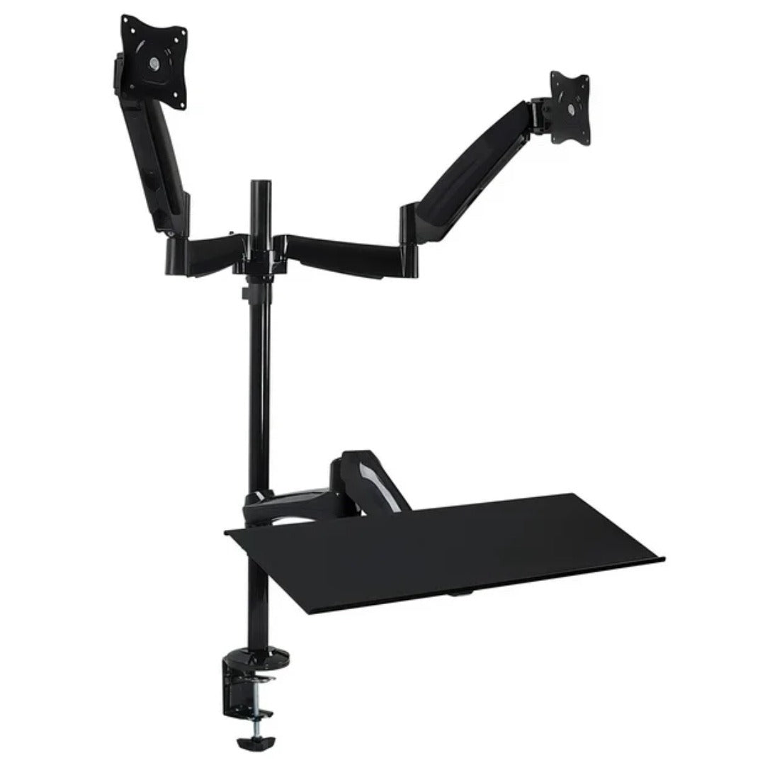Mount-It! Sit Stand Desk with Dual Monitor Mount up to 27In Monitors Heavy Duty Steel with Keyboard Mouse Tray Desk Clamp Gas Spring Arm Adjusts up and down 11.5 In