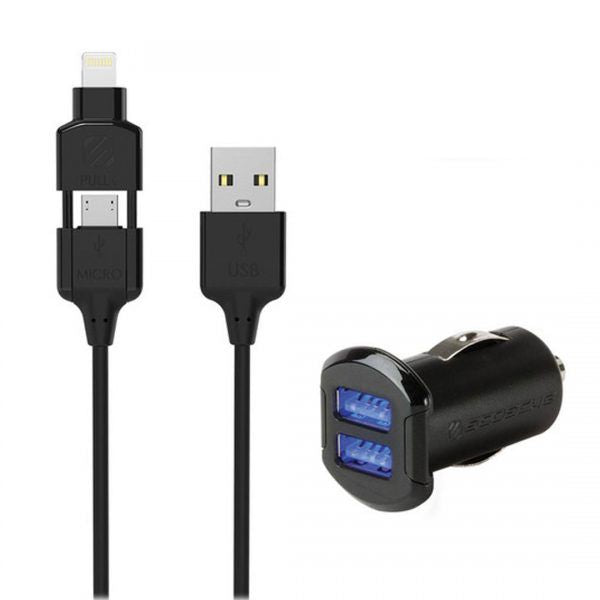 Scosche Charge & Sync Lightning/Micro-USB 2-in-1 MFI to USB-A Cable 3ft Black & Car Charger 2 Port 2.4A Black StrikeDRIVE Kit