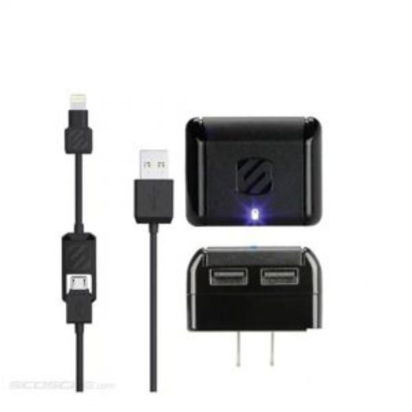 Scosche Wall Charger 2 Port USB-A 5W with Lightning/Micro USB MFI to USB-A 3ft Cable Black StrikeLINE