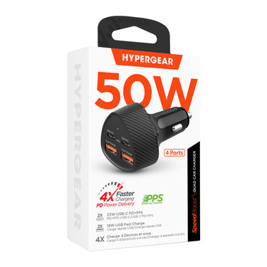 HyperGear Car Charger 4 Port 50W 2x USB-A (18W) 2x USB-C (25W) PD PPS SpeedBoost Quick Charge - Black