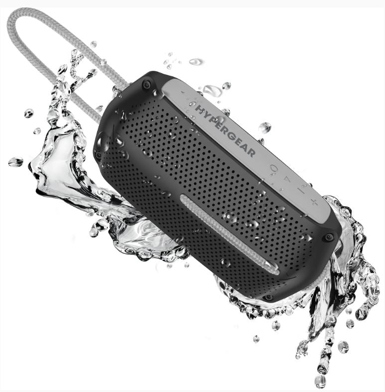 HyperGear Speaker Bluetooth 10W Waterproof IPX4 Hands Free Music + Calls, Hang Cord Great for Shower, on the Water Camping 4Hr Battery Life - Black Grey