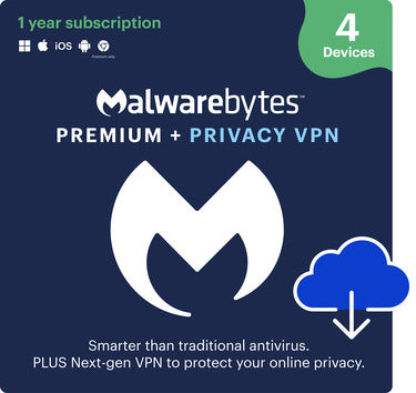 Malwarebytes Premium Plus 4-Device 1-Year Includes Browser Guard & Privacy VPN PC/MAC/Android/iOS ESD (DOWNLOAD CODE)
