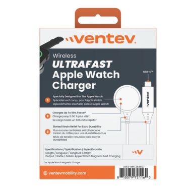 Ventev Apple Watch Charger Ultra Fast MFI Rapid Charge with USB-C Braided Cable 3ft Durable Reinforced Connector - Box - White