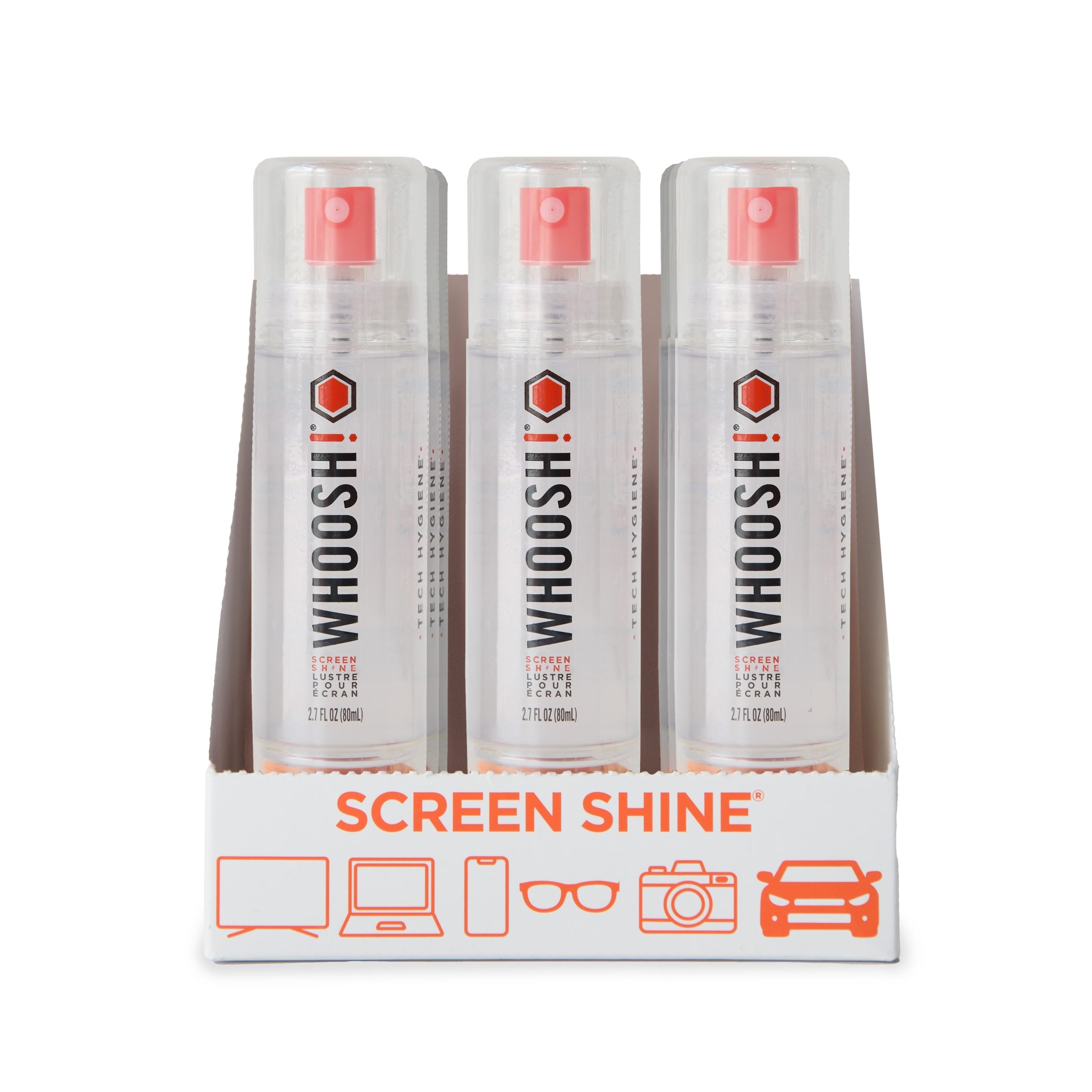 Whoosh! Screen Shine Grab n Go 80ml Countertop Merchandiser with 9x 80ml Bottle & Mini Cloth Non-Toxic Alcohol & Ammonia Free Formula