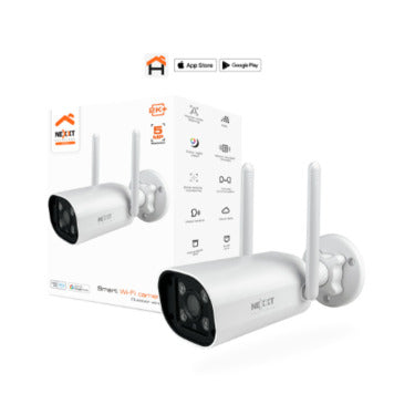 Nexxt Smart Home Outdoor Wifi Camera 2K 5MP Motion Activated LED 90 Lumens IP65 2 Way Communication Colour Night Vision RJ45 Port Google/Alexa - White