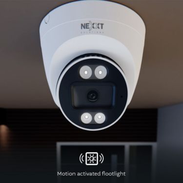 Nexxt Smart Home Indoor (Covered Outdoor) Turret Wifi Camera 2K Wired Motion Activated Light 400 Lumens - 2 Way Communication Night Vision - Siren  - White