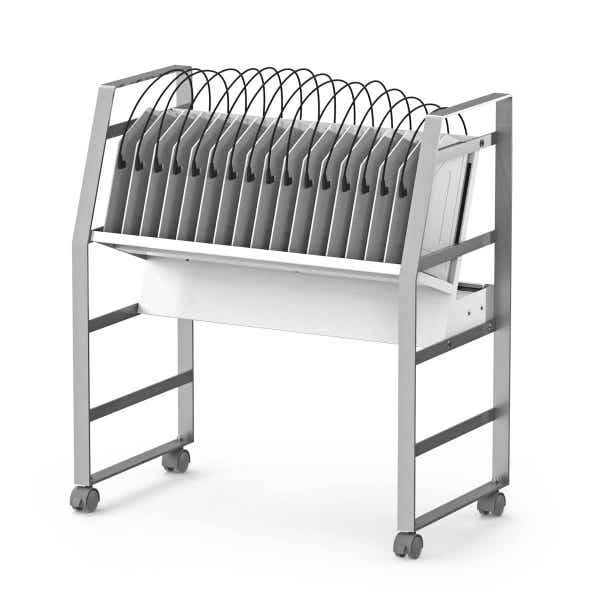 Luxor Charging Cart Steel 16 USB-C Tablets Chromebooks Rolling Includes 16 Port Power Strip 45W per port Sloped & Padded Compartments
