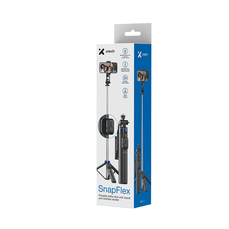 Xtech Vlogging Selfie Stick with Tripod & Wireless Shutter SnapFlex 4.32ft Max Height for Phones Tablets GoPro Digital Cameras with Remote - Black